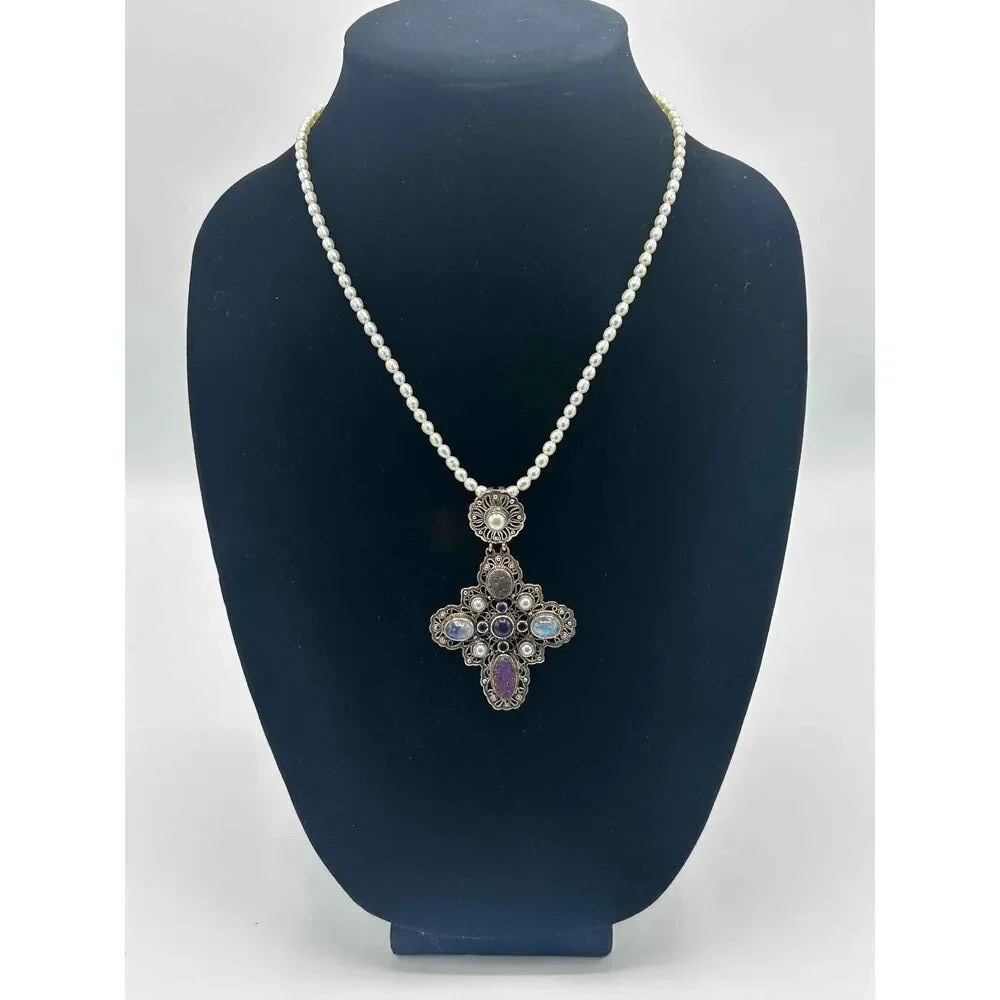 Vintage Nicky Butler Pearl Chain Pendant Necklace Ornate Cross Design